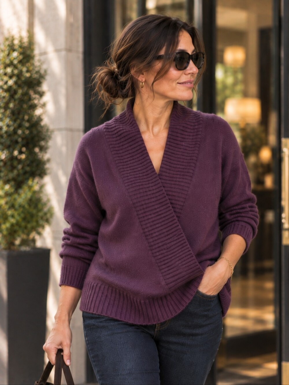 100% Cashmere Garnet Hill Plum Wrap Sweater L Shawl Collar Soft Autumn Knit